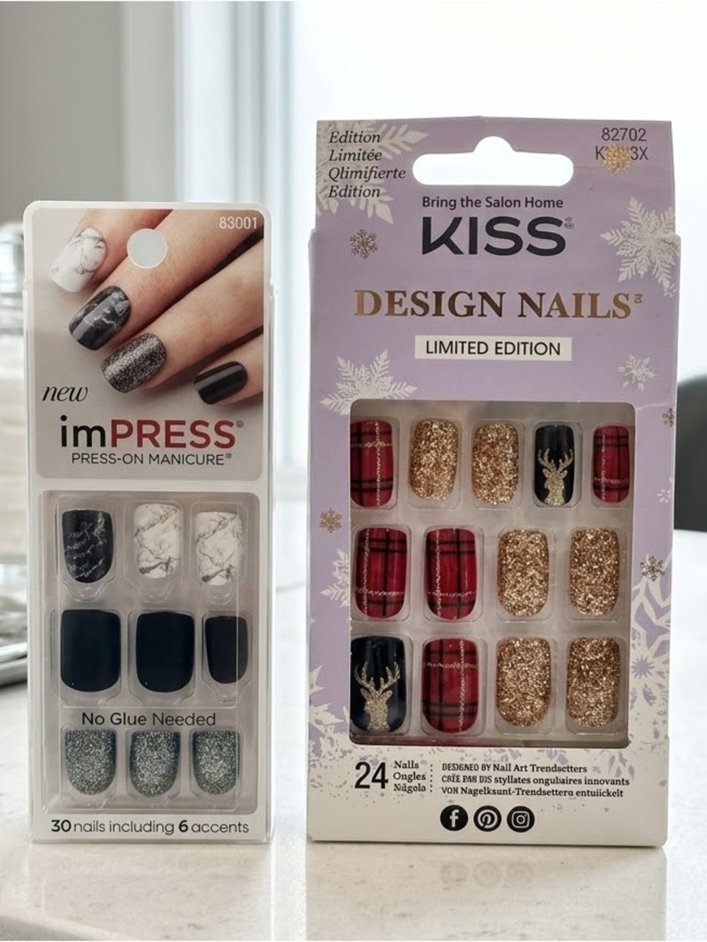 KISS Press On Nails Set Of 2 ImPress Black Marble Red Plaid Gold Glitter Holiday